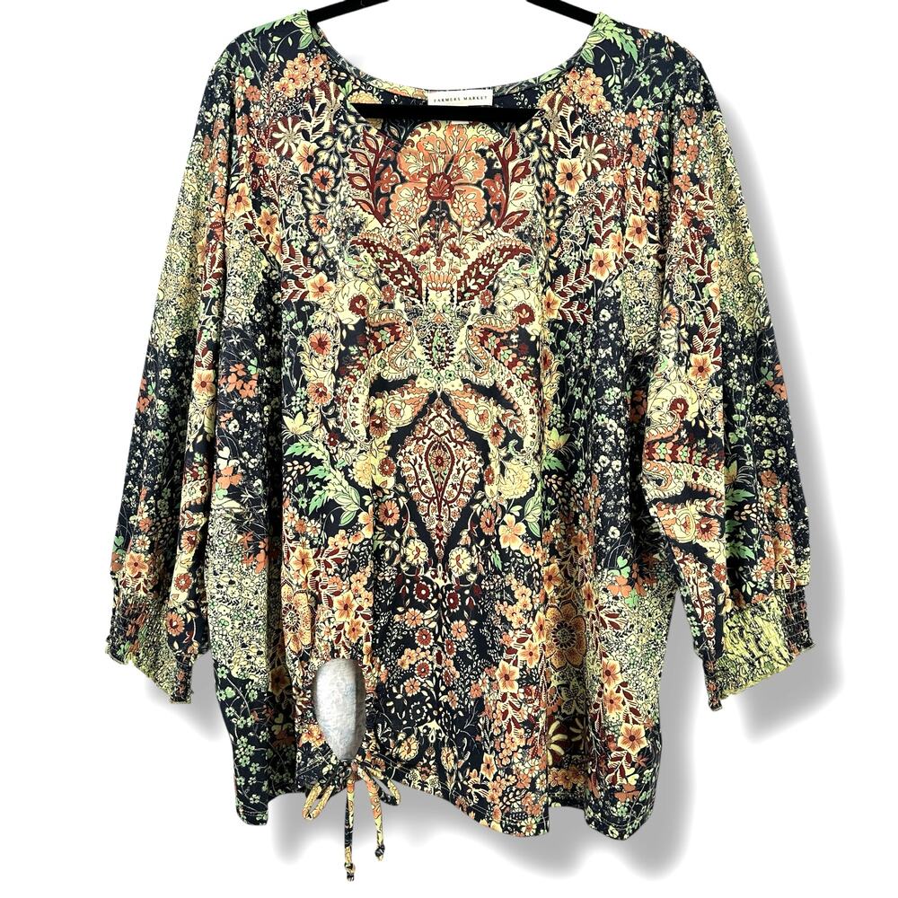 Farmers Market Deco Tie Waist Jacobean Floral Embellished Shirt Plus Size 3X